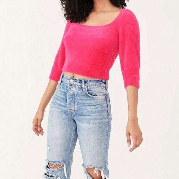 Free People Sweaters - Free People Moonbeam Cropped Sweater Womens Size L Raspberry Soft Stretchy Fuzzy